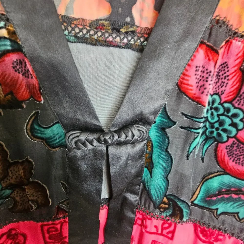 Chicos Silk Sheer Cardigan Size L Artsy Floral Bohemian Whimsigoth Patchwork - Picture 7 of 8